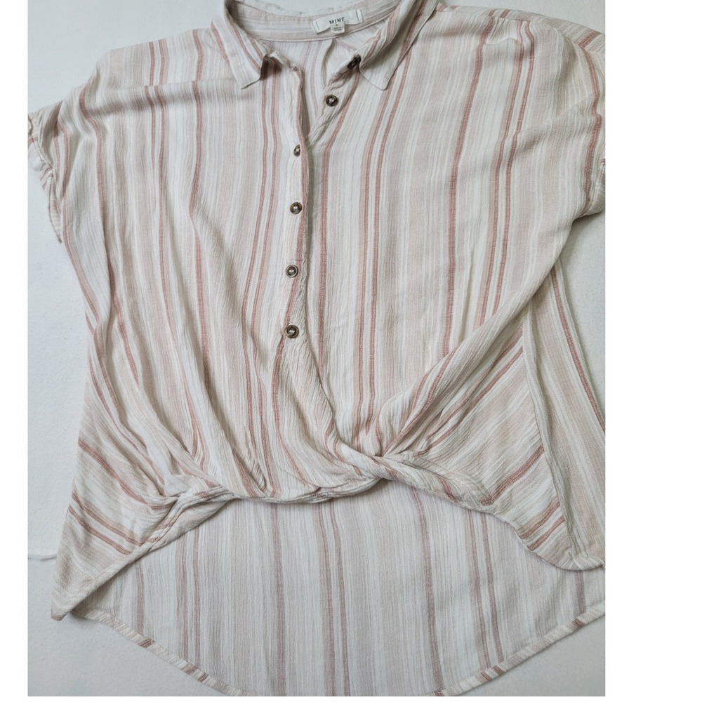 MINE Striped Twist Front High Low Button Down Top Cream Rose Large